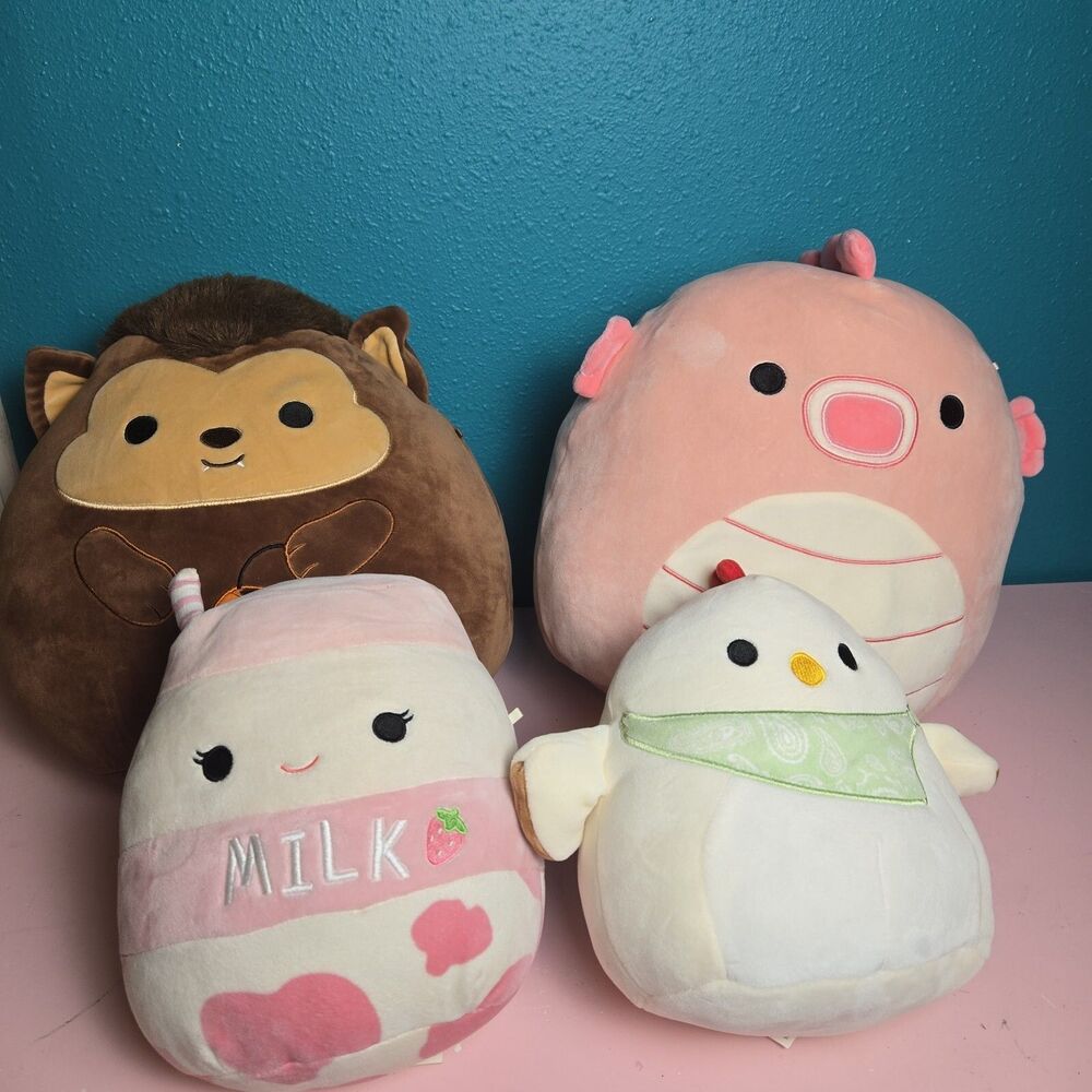 Lot of 4 Squishmallows Amelie Strawberry Milk Todd Rooster Wade Werewolf Sheldon